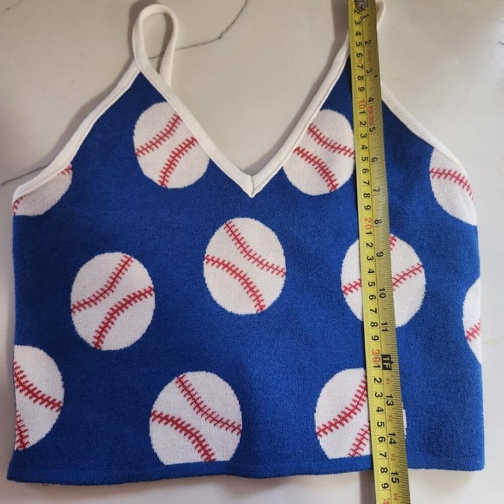 Debut Baseball Print Knit Crop Tank Top Women's ML Blue White Red Strappy - Picture 7 of 7